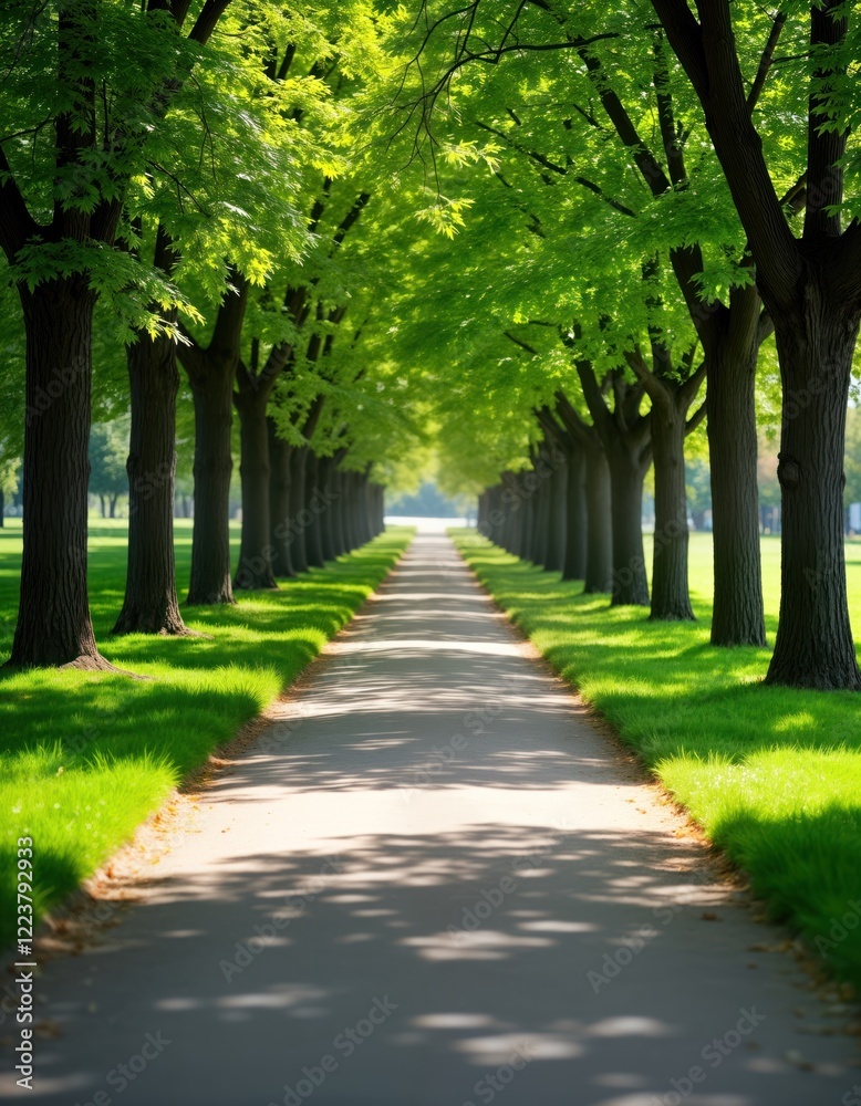 Serene park path lined with rich green trees. Soft shadows from trees enhance sunny spring day. Peaceful scene perfect for relaxation leisure. Public park offers nature beauty. Ideal for calm walks Serene park path lined with rich green trees. Soft shadows from trees enhance sunny spring day. Peaceful scene perfect for relaxation leisure. Public park offers nature beauty. Ideal for calm walks
