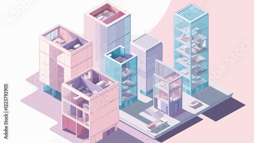 Isometric View of Modern Pink and Blue Buildings With Car and Furniture