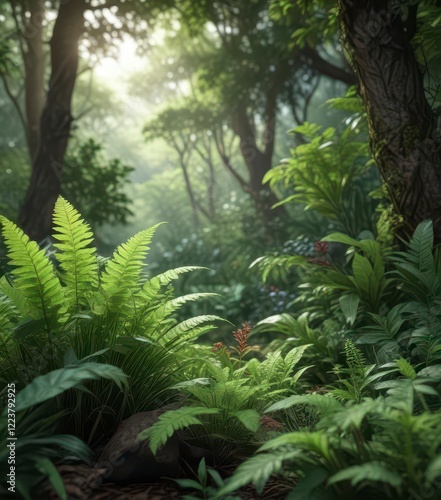 Close-up of exotic herbs in a lush forest environment with greenery and tree branches,  leafy greens,  botanicals,  foliage