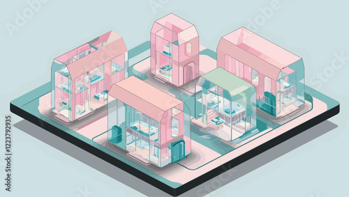 Isometric Pink Tiny Houses on Blue Background. Modern Architecture, 70 Characters