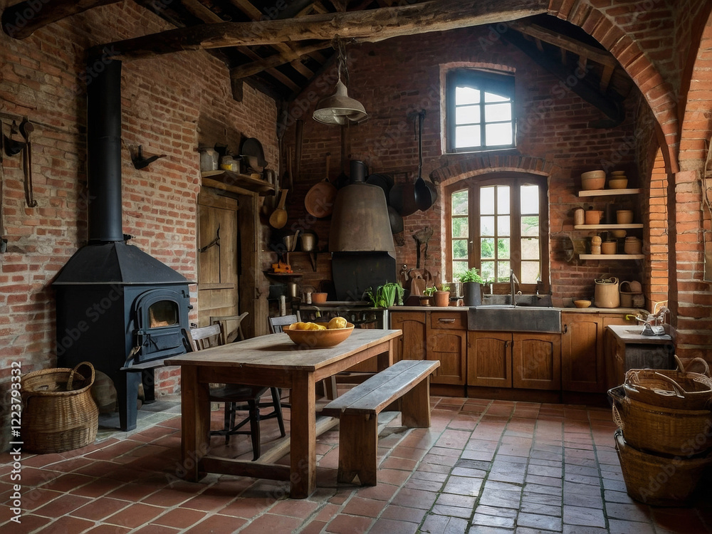 An interior space with brick walls and a tiled floor. There’s a wood-fired stove with a chimney in the centre and wooden windows