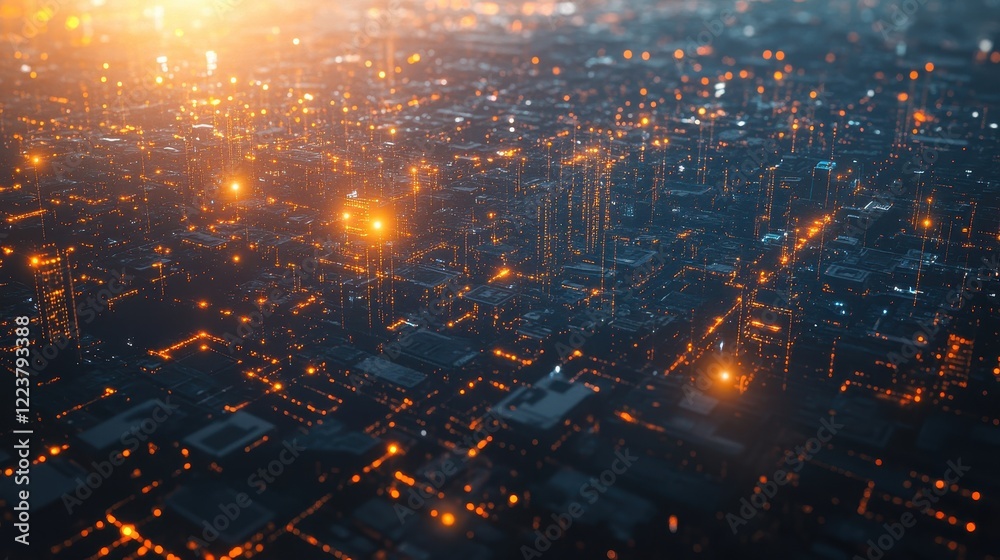 Fototapeta premium Futuristic Cityscape Illuminated At Night With Glowing Lights