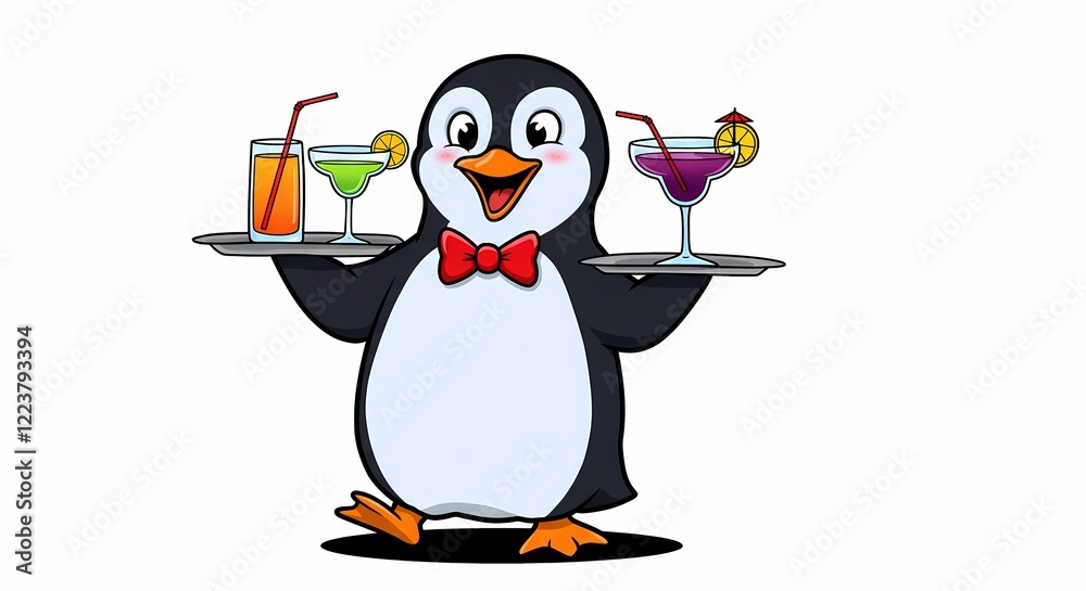 Obraz premium Cheerful Penguin Waiter Serving Colorful Cocktails on Tray Cartoon Illustration