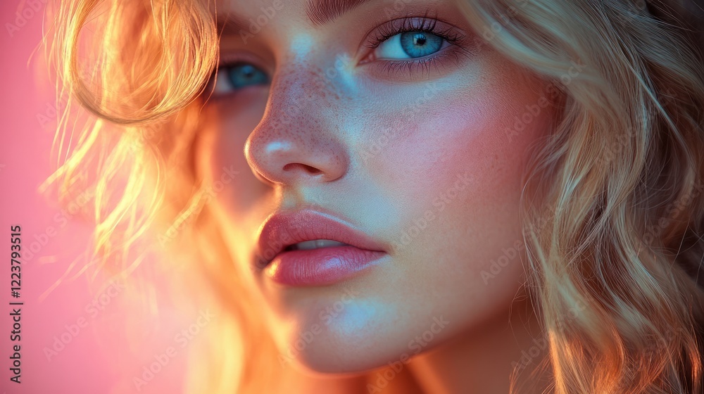 Obraz premium Close-up of a woman's face showing rosacea with calm expression green eyes and natural beauty in pastel colors