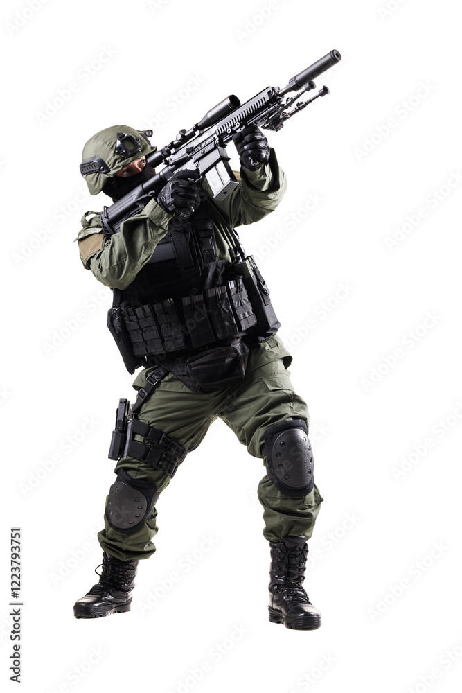 Armed military soldier in combat gear aiming a rifle during a tactical operation Armed military soldier in combat gear aiming a rifle during a tactical operation