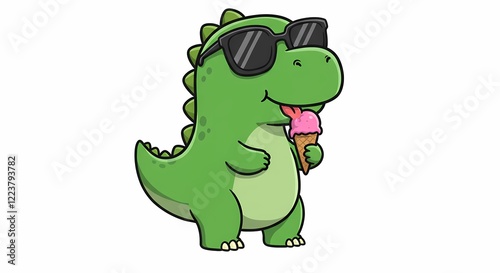 Adorable Cartoon Dinosaur Enjoying Ice Cream Cone in Sunglasses
