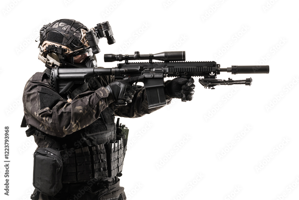 Tactical Operative with Advanced Equipment in Action Holding Precision Rifle Tactical Operative with Advanced Equipment in Action Holding Precision Rifle