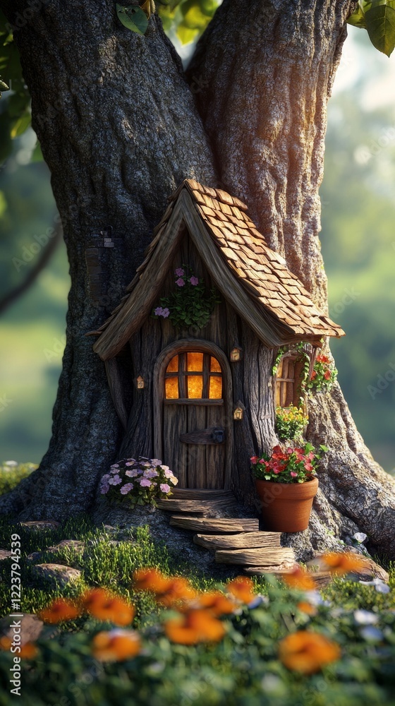 Fototapeta premium little house of an elf in a big tree with copy space vertically 9:16