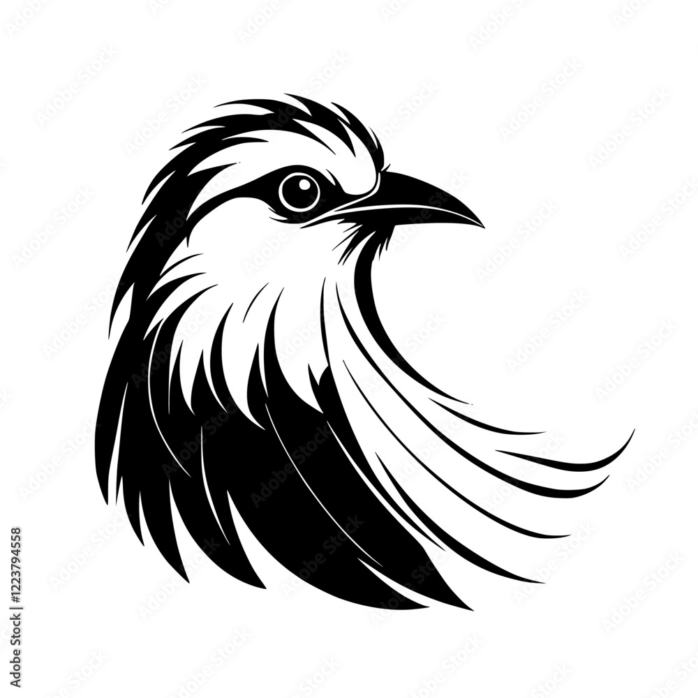 Obraz premium Elegant Bird Profile: Black and White Avian Vector Art. A stylish graphic design featuring detailed feathers and a monochrome aesthetic. Perfect for nature lovers and design enthusiasts.