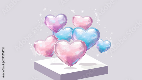 Seven Iridescent Heart Balloons on Pedestal Pastel Light Display