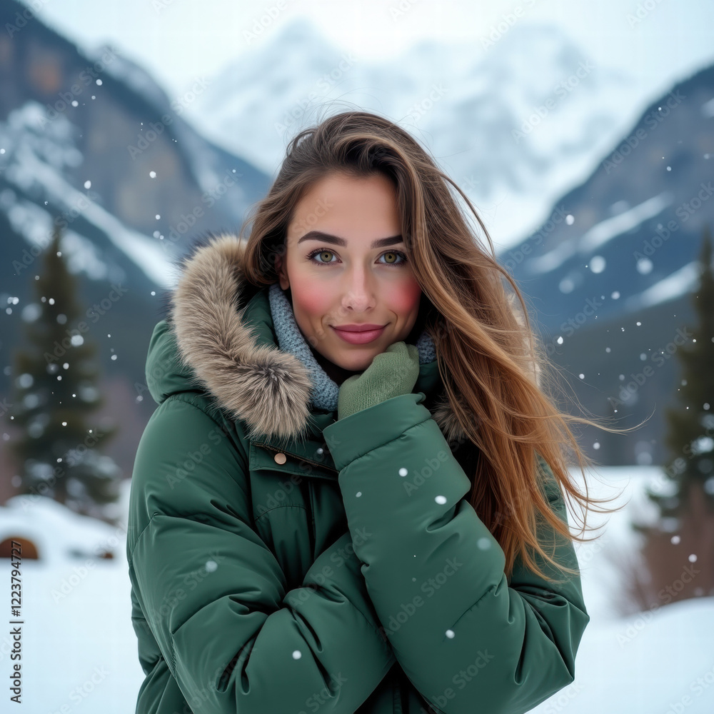 A serene woman with rosy cheeks and bright brown eyes, wrapped in a warm, vibrant green winter jacket, stands amidst a breath taking winter mountain A serene woman with rosy cheeks and bright brown eyes, wrapped in a warm, vibrant green winter jacket, stands amidst a breath taking winter mountain
