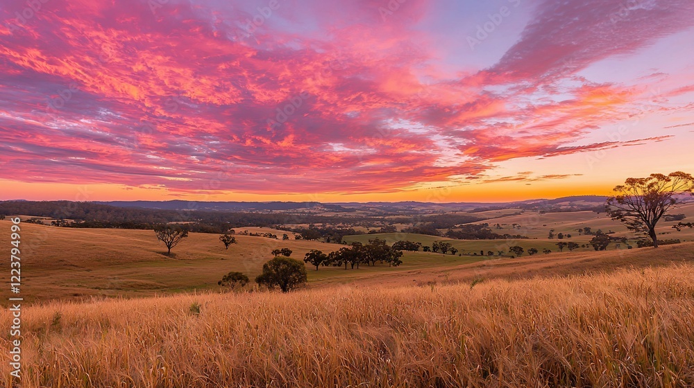 Vibrant sunset over rolling hills with golden grass and scattered trees, showcasing nature's beauty Vibrant sunset over rolling hills with golden grass and scattered trees, showcasing nature's beauty