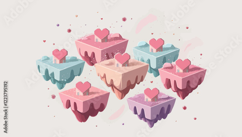 Floating Heart Islands with houses in light pastels against a light backdrop