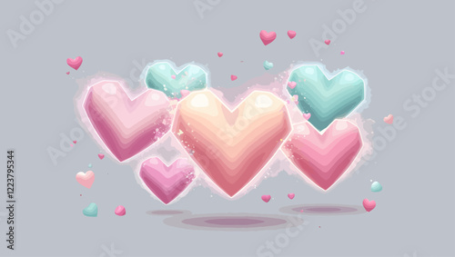 Pastel Hearts Floating Sparkles on Gray Background Love Romance