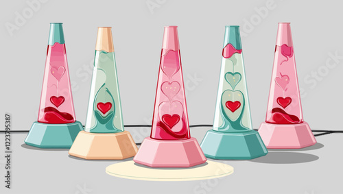 Five heart lava lamps with moving red hearts on a smooth gray surface