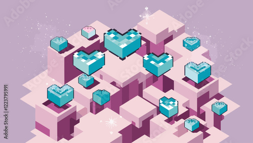 Isometric Pixel Art Hearts on Abstract Pink Purple Geometric Platform