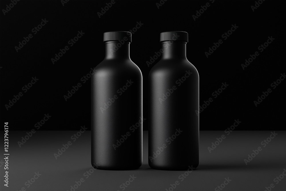 A sleek black bottle mockup displayed on a minimalist background, ideal for showcasing branding or product design. A sleek black bottle mockup displayed on a minimalist background, ideal for showcasing branding or product design.
