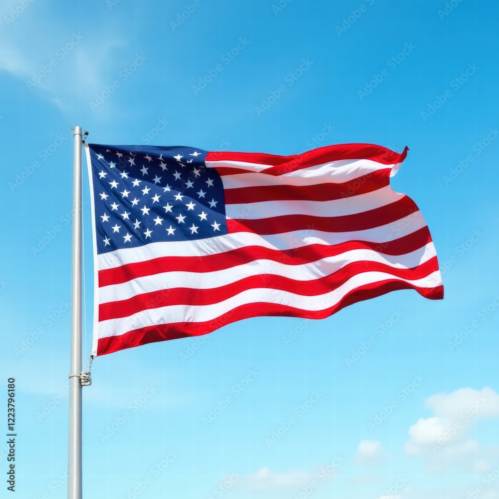 A iconic american flag waving in the wind, its thirteen horizontal stripes alternating between red and white, and a blue rectangle in the canton bearing fifty white five-pointed stars A iconic american flag waving in the wind, its thirteen horizontal stripes alternating between red and white, and a blue rectangle in the canton bearing fifty white five-pointed stars