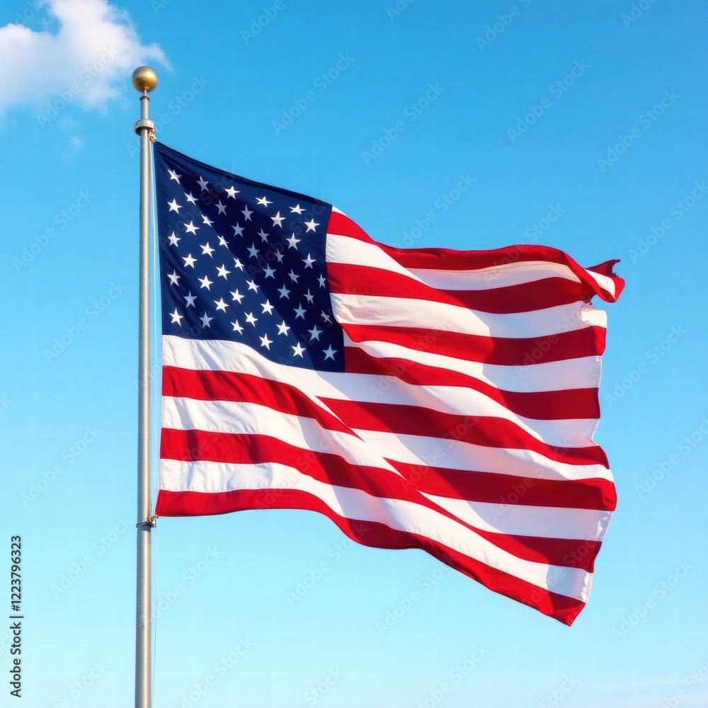 Obraz premium A iconic american flag waving in the wind, its thirteen horizontal stripes alternating between red and white, and a blue rectangle in the canton bearing fifty white five-pointed stars