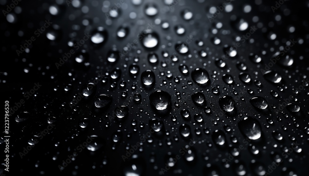 Fototapeta premium Close-up view of water droplets on dark surface. Small water circles reflect light. Abstract pattern of water drops. Detailed macro shot of water droplets on dark background. Perfect for texture,