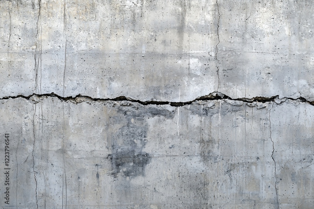 Obraz premium Cracked concrete wall showcasing structural damage and wear, ideal for construction and repair themes