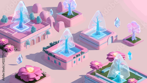 Pink Cityscape with Holographic Trees and Flowers