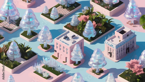 Miniature Pink Buildings and Iridescent Trees on Pastel Blue Surface