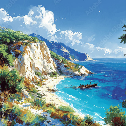 Vector Art of Coastal Beach Landscape with Rocky Cliffs and Shipwreck in Blue Ocean Waters Under a Clear Sky Perfect for Nature Lovers and Digital Artists