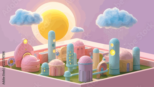Abstract city with pastel colors and rain in whimsical 3d rendering