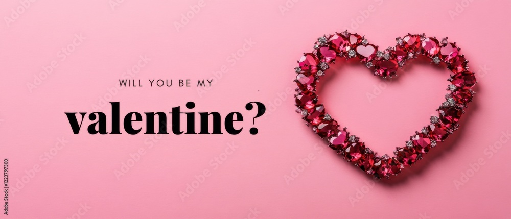 Elegant heart shaped ruby gemstone jewelry on pink background with Will you be my valentine text, romantic love concept for valentines day Elegant heart shaped ruby gemstone jewelry on pink background with Will you be my valentine text, romantic love concept for valentines day