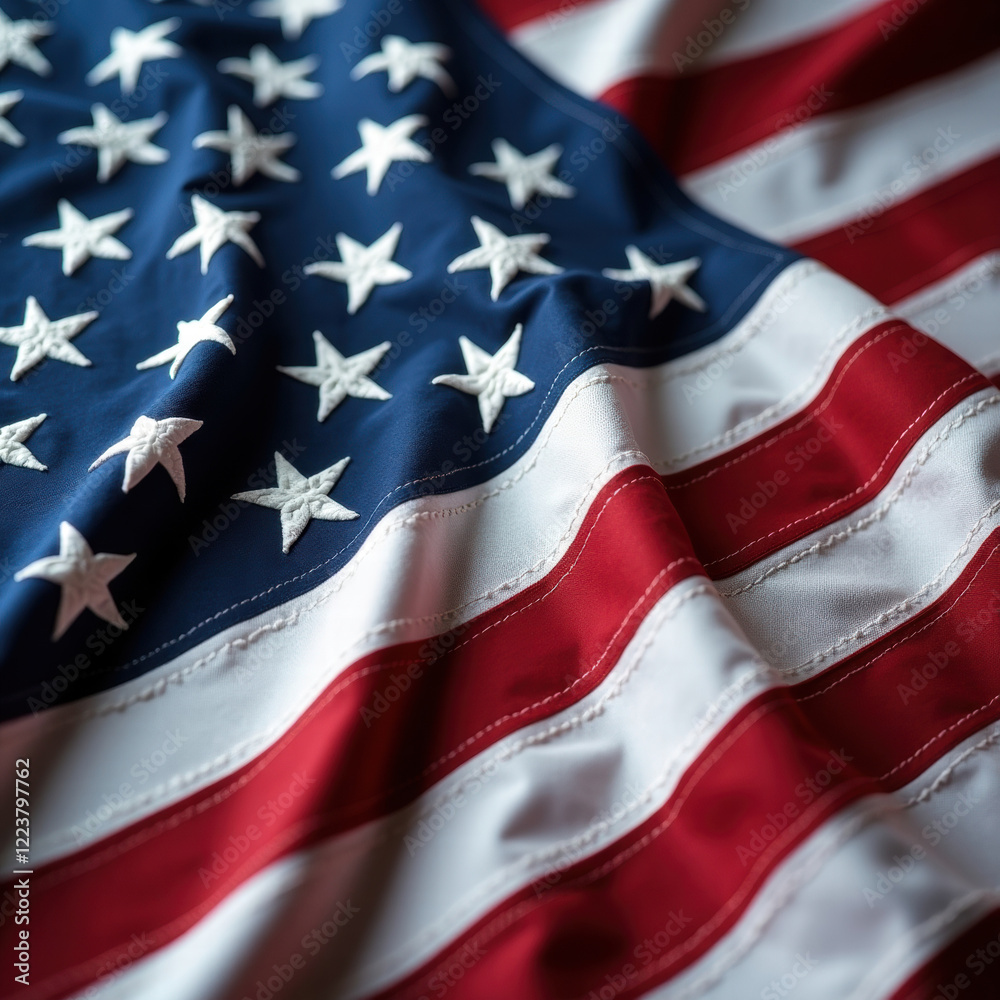 A American flag, showcasing a detailed view of its fabric texture. The flag is laid out diagonally A American flag, showcasing a detailed view of its fabric texture. The flag is laid out diagonally