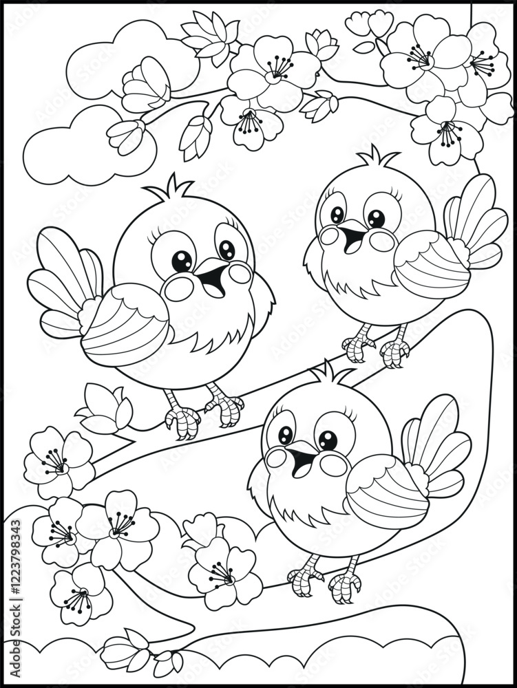 Obraz premium Illustration of cute birds cartoon characters. Black and white Printable bird coloring page for kids.