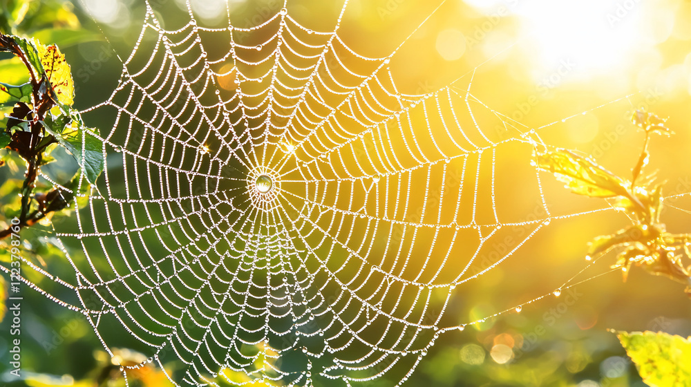 Morning sunlight illuminating a dewy spider web nestled among vibrant green foliage Morning sunlight illuminating a dewy spider web nestled among vibrant green foliage
