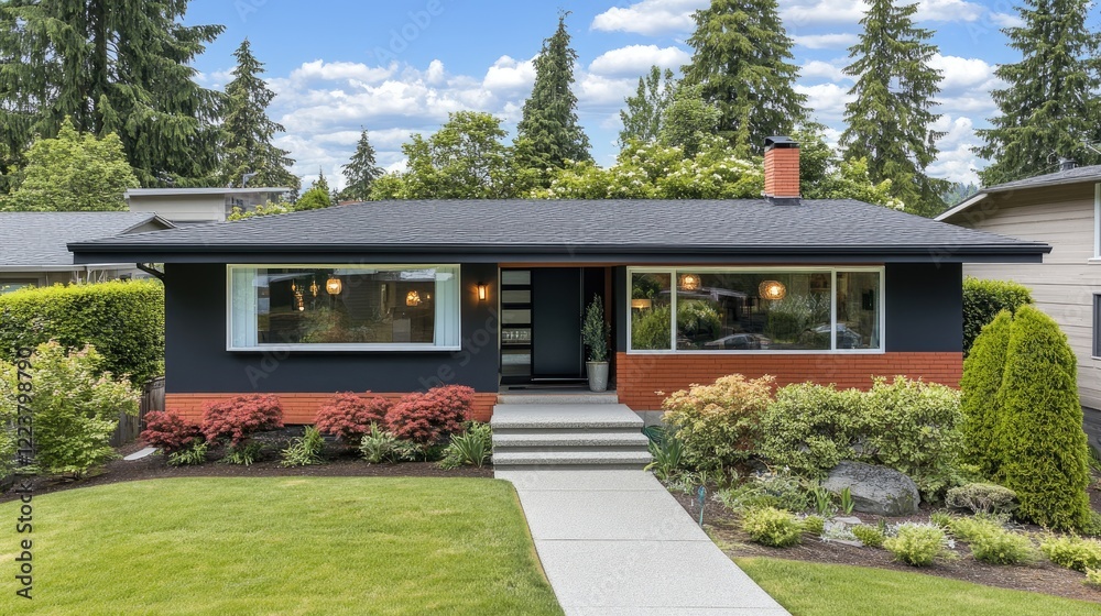 Fototapeta premium The front of a small modern house with a clean porch, decorative shrubs, and a paved entrance, top-down view.