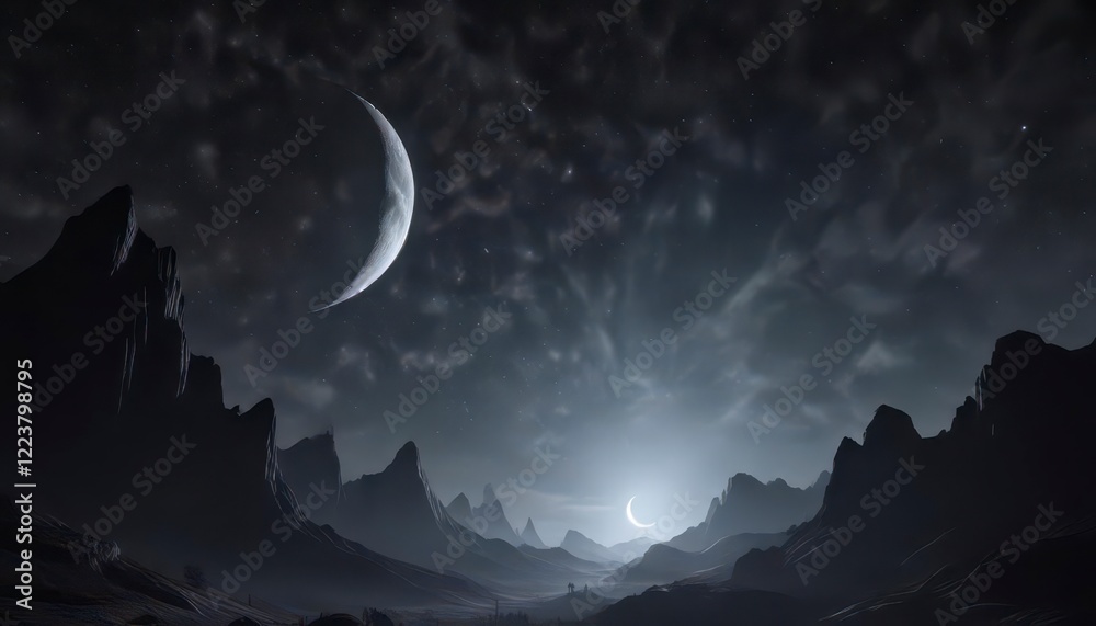 Dark celestial landscape with twinkling stars and a silhouette of a crescent moon , space, galaxy, nightsky Dark celestial landscape with twinkling stars and a silhouette of a crescent moon , space, galaxy, nightsky