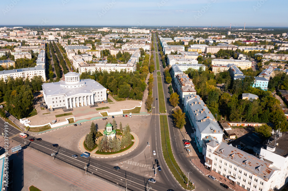 Fototapeta premium View from drone of the Palace of Culture and the Archangel Michael Chapel at Dzerzhinsk, Russia