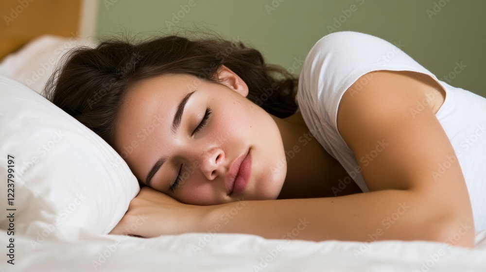 Young woman peacefully sleeping in a cozy bed during a calm afternoon Young woman peacefully sleeping in a cozy bed during a calm afternoon