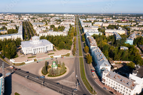 View from drone of the Palace of Culture and the Archangel Michael Chapel at Dzerzhinsk, Russia photo