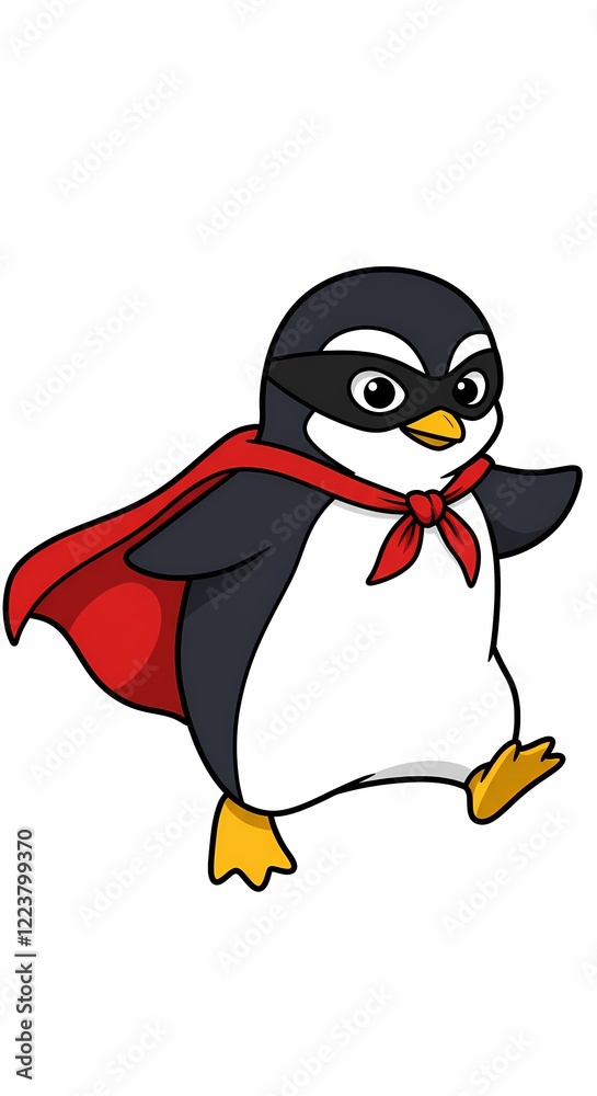 Fototapeta premium Adorable Superhero Penguin Cartoon Illustration Cute Flightless Bird in Red Cape and Mask