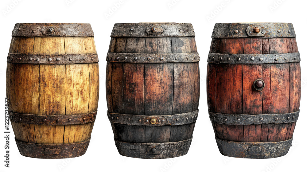 Obraz premium Rustic Wooden Barrels: A trio of aged wooden barrels with iron bands stand proudly against a blank backdrop, showcasing the intricate grain patterns and weathered textures of these vintage vessels.
