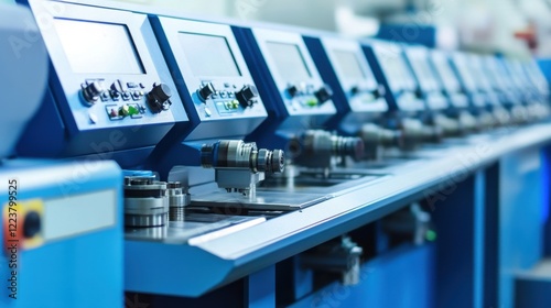 Wallpaper Mural A row of CNC machines glowing with blue light in a high-tech factory. Torontodigital.ca