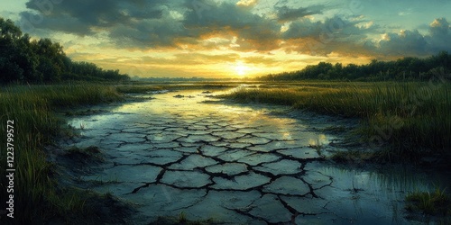 Drought Impact on Wetland Swamp with Cracked Earth and Parched Soil under Golden Hour Light photo