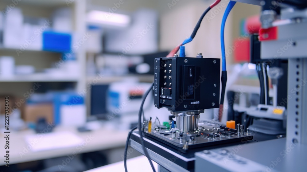 A servo motor connected to a motion control module in a laboratory environment. A servo motor connected to a motion control module in a laboratory environment.