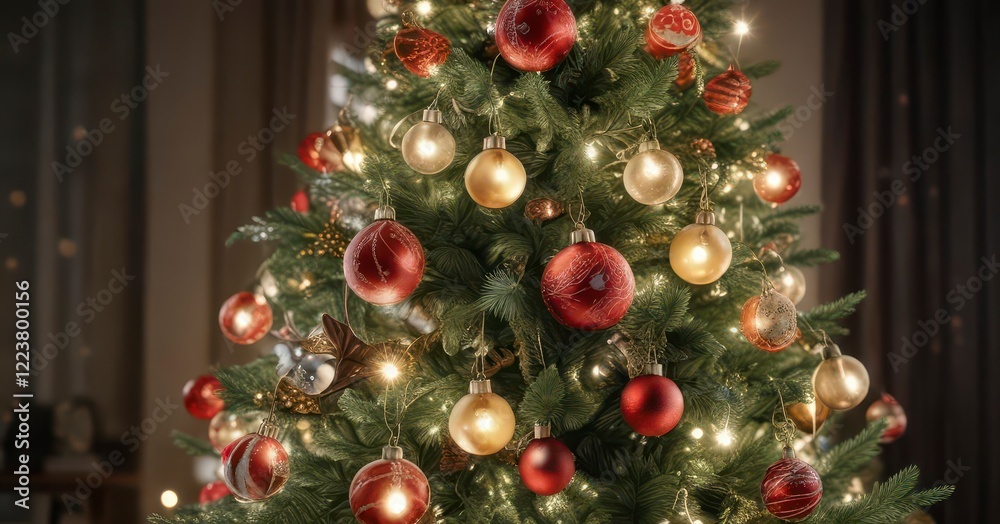 Fototapeta premium Decorative banner with festive lights and ornaments on a Christmas tree, festive, Christmas, holiday