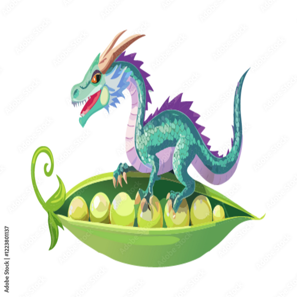 Fototapeta premium Whimsical Dragon Perched on Pea Pod – Fantasy Vector Art for Kids & Creatives.