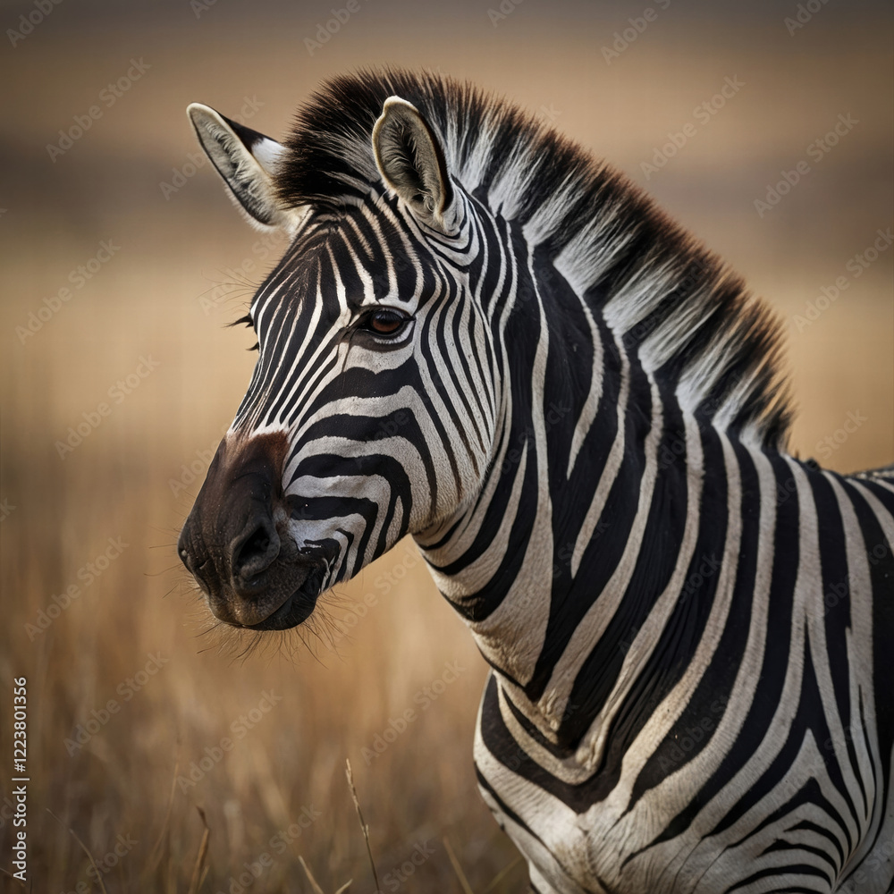Naklejka premium A majestic zebra, its striking black and white stripes contrasting beautifully against a soft, creamy background, gazing directly into the lens with intense, soulful eyes