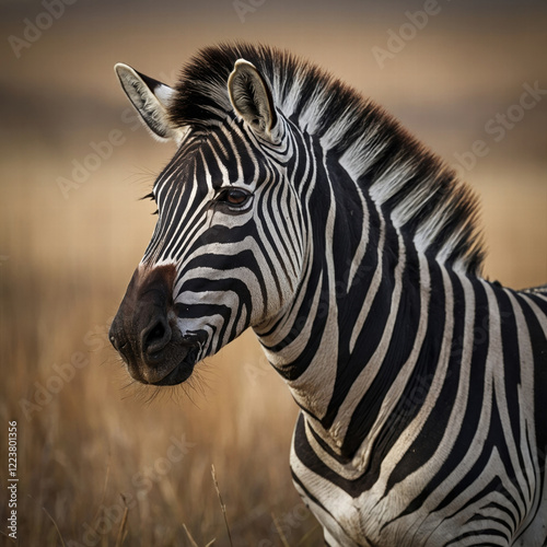 A majestic zebra, its striking black and white stripes contrasting beautifully against a soft, creamy background, gazing directly into the lens with intense, soulful eyes