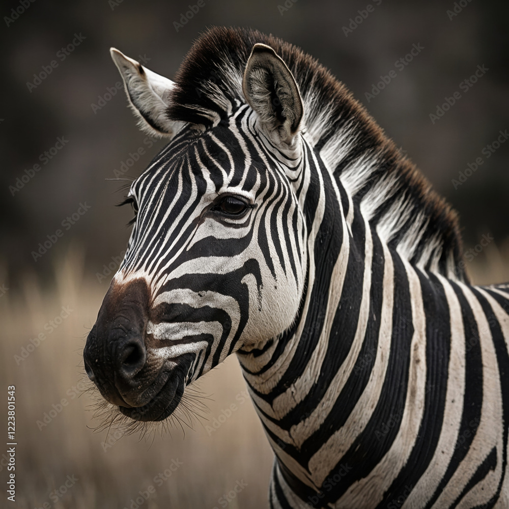 Naklejka premium A majestic zebra, its striking black and white stripes contrasting beautifully against a soft, creamy background, gazing directly into the lens with intense, soulful eyes
