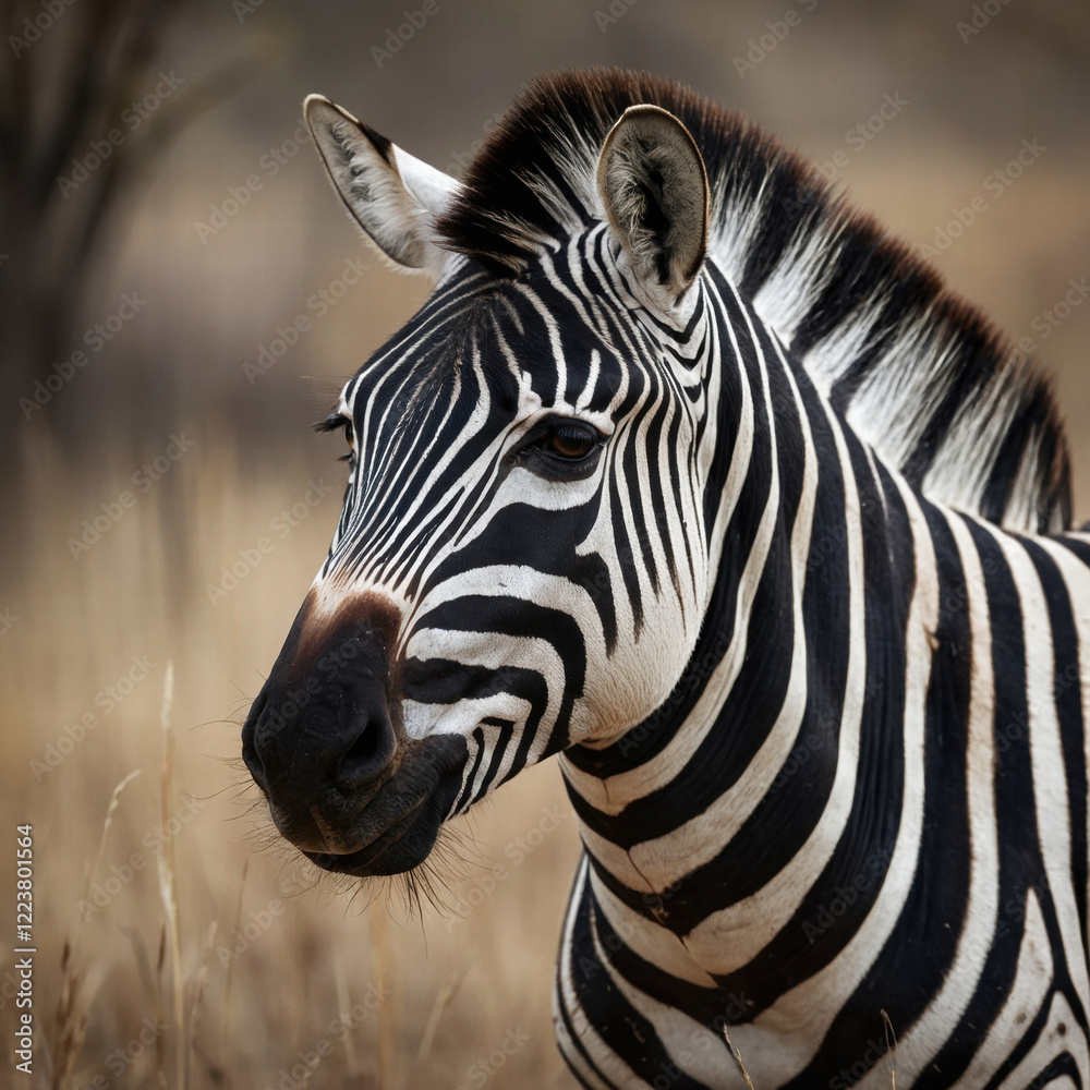 Fototapeta premium A majestic zebra, its striking black and white stripes contrasting beautifully against a soft, creamy background, gazing directly into the lens with intense, soulful eyes
