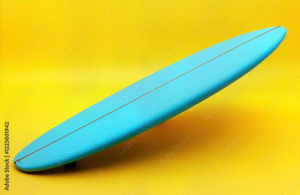 Bright blue surfboard on yellow background. Modern design for summer vacation. Ideal for surf shop travel agency. Trendy equipment for active lifestyle. Surfboard isolated, realistic rendering.